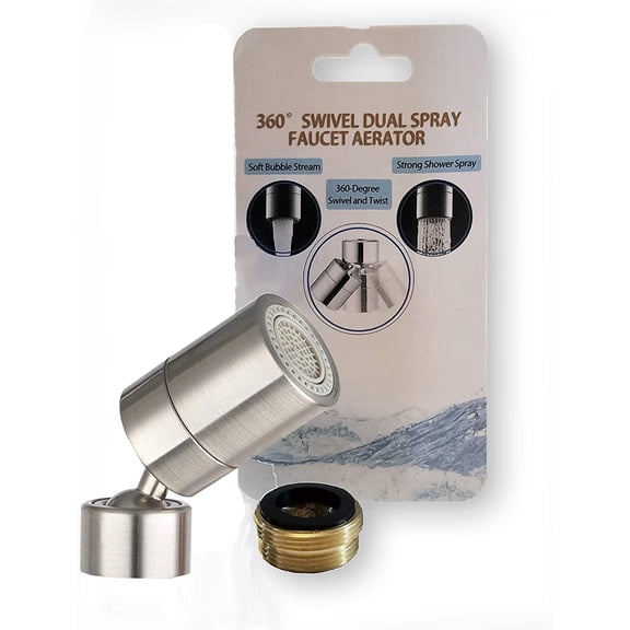 TOTOMO Kitchen Sink Faucet Aerator (Solid Brass) 2 Sprayer-Mode (Shower&Bubble Stream) 360 Swivel Booster Sprayer Adapter Water Saving Head Attachment Replacement - Brushed Nickel/Big Angle Swiveling