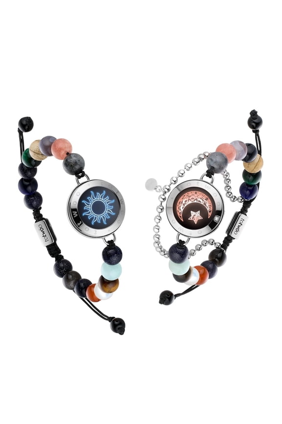 Long Distance Touch Bracelet for Couples, Sun & Moon Touch Bracelets with Natural Gemstone Beads(Black+Rose Gold)