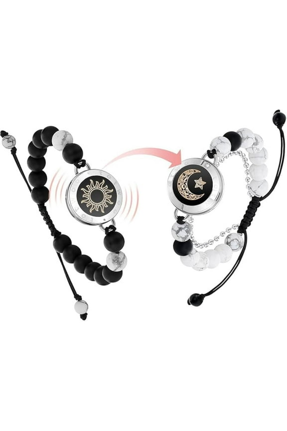Long Distance Touch Bracelet for Couples, Sun & Moon Touch Bracelets with Natural Gemstone Beads(Black+Rose Gold)