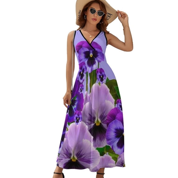 TOUCH OF SPRING PINK- PURPLE PANSY FLOWERS Dress Fashion Boho Beach Long Dresses Female Party Printed Maxi Dress