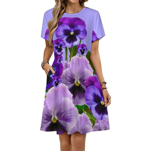 TOUCH OF SPRING PINK- PURPLE PANSY FLOWERS Short Sleeve Dress Women Summer Evening Dresses Ladies Sundress