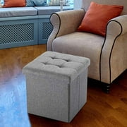 TOUCH-RICH Folding Cube Storage Ottoman with Padded Seat Linen Fabric Footrest Memory Foam 15” x 15” x 15” Grey 1PCS