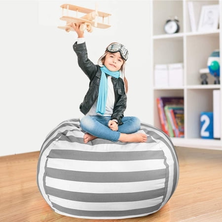 TOUCH-RICH Stuffed Animal Storage Bean Bag Chair 38” Extra Large Beanbag Cover Only Plush Toys Holder Organizer 100% Cotton Canvas for Kids Child, Gray Stripes