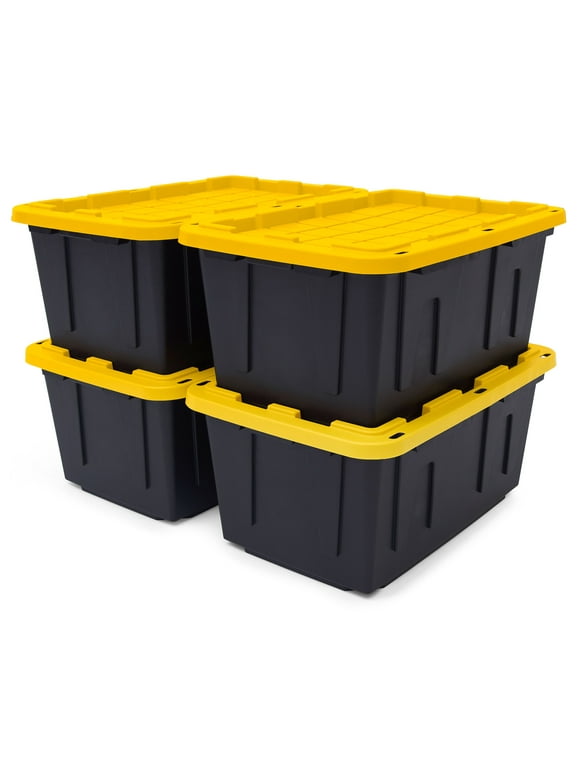 TOUGH BOX 27 Gal Stackable Storage Totes w/ Lids, Black and Yellow (4 pack)