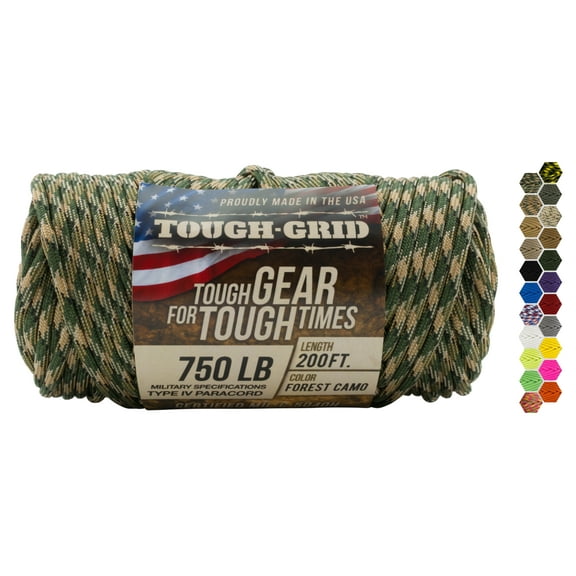 TOUGH-GRID 750lb Forest Camo Paracord / Parachute Cord - 100% Nylon Mil-Spec Type IV Paracord Used by The US Military, Great for Bracelets and Lanyards, 200Ft. - Forest Camo