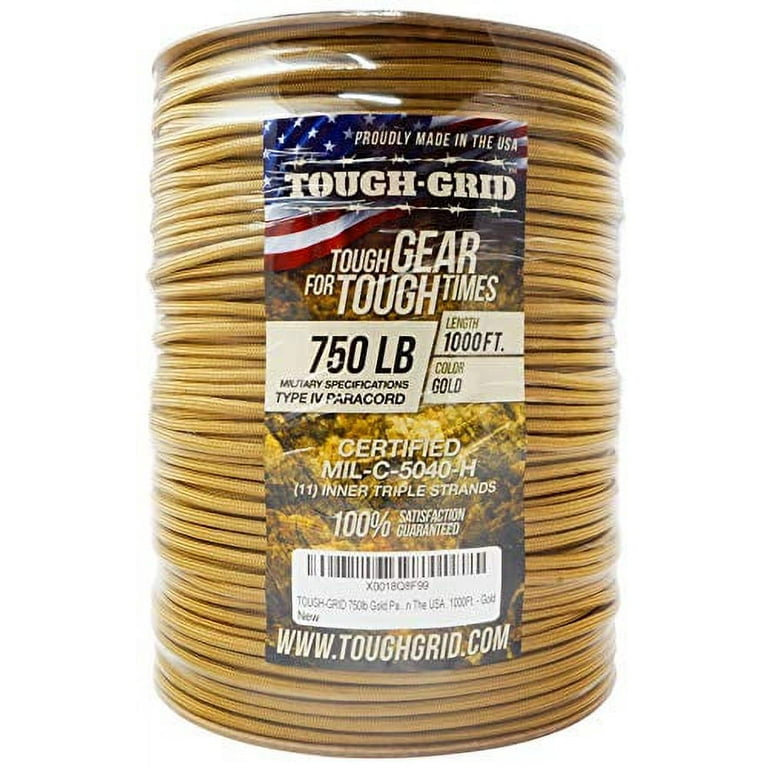 TOUGH-GRID 750lb Gold Paracord/Parachute Cord - Genuine Mil Spec Type IV  750lb Paracord Used by The US Military (MIl-C-5040-H) - 100% Nylon - 200Ft.  - Gold 
