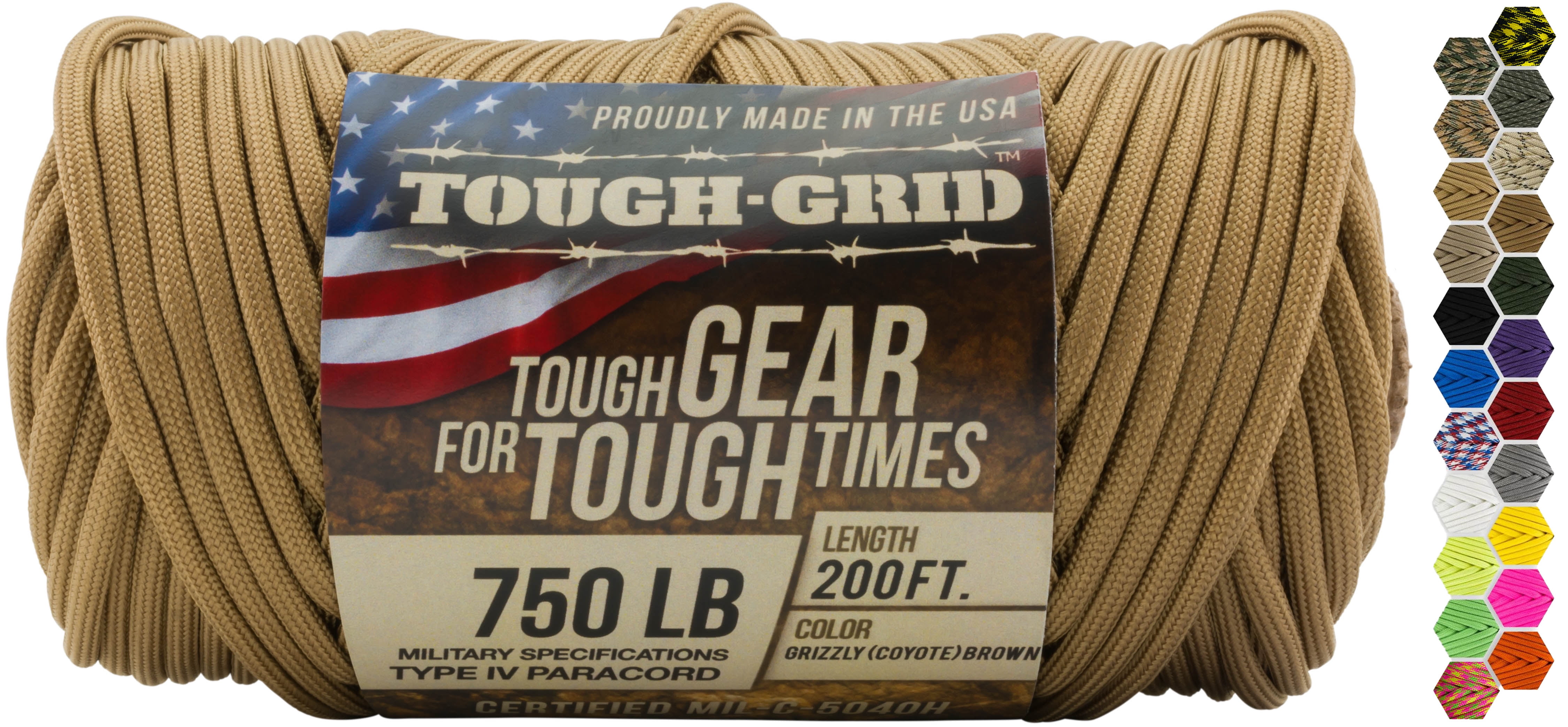 TOUGH-GRID 750lb Grizzly (Coyote) Brown Paracord / Parachute Cord - 100% Nylon Mil-Spec Type IV Paracord Used by The US Military, Great for Bracelets and Lanyards, 200Ft. - Grizzly (Coyote) Brown