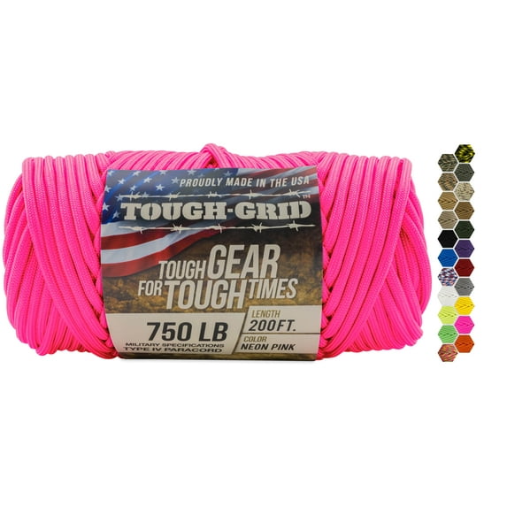 TOUGH-GRID 750lb Neon Pink Paracord / Parachute Cord - 100% Nylon Mil-Spec Type IV Paracord Used by The US Military, Great for Bracelets and Lanyards, 200Ft. - Neon Pink