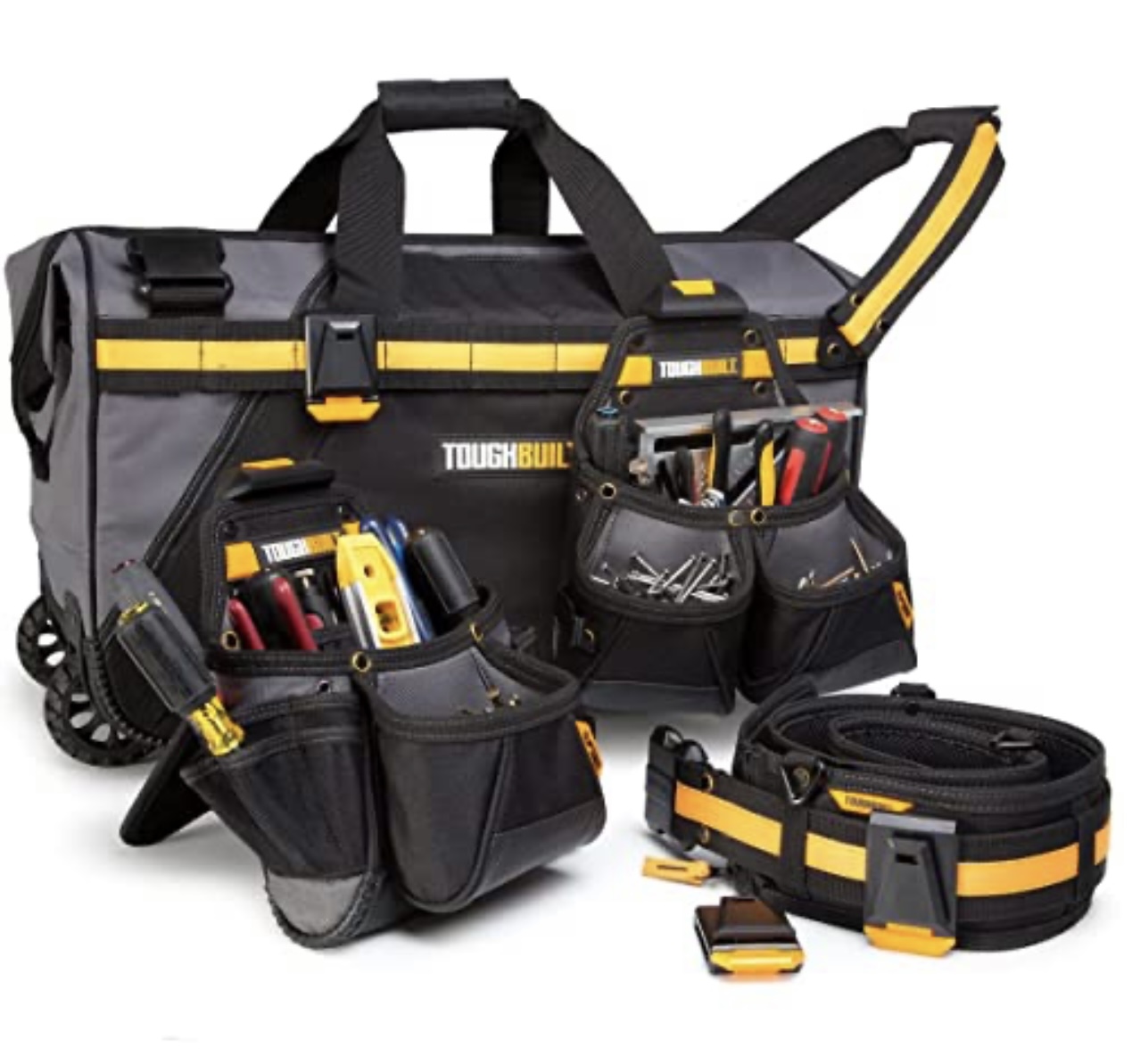 TOUGHBUILT 24" Rolling Bag & Belt Combo - Includes 24 In ClipTech Rolling Contractor Bag, Carpenter and Builder Pouches