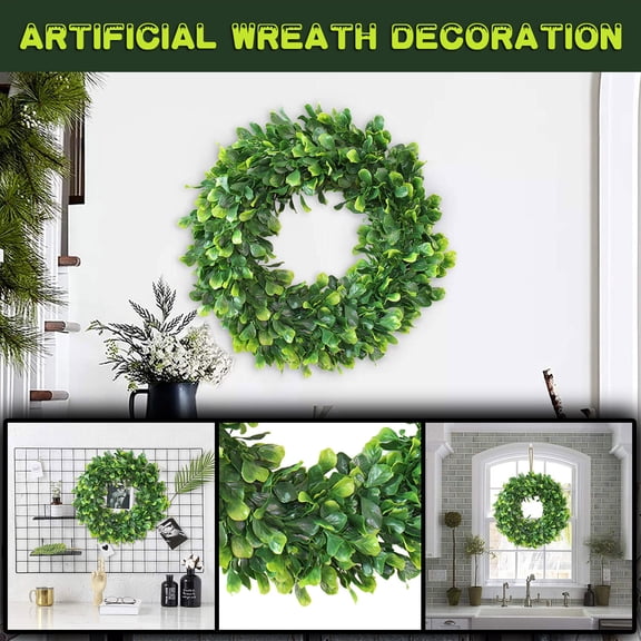 TOUMENY 16 Inch Artificial Wreath Faux Green Leaves, Realistic PE Eucalyptus Greenery Wreath for Front Door Wall Window Decor, No Maintenance Evergreen Wreath for Home Living Room Fireplace Shelf