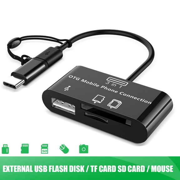 TOUMENY 3 in 1 OTG Mobile Phone Connection Type C Micro USB Host Adapter Reader, USB Male to USB Type A Female Hub with SD MMC TF Card Slot, Card Reader for Smartphone Tablet Data Transfer Mouse