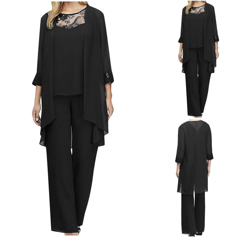 TOUMENY 3 Pieces Mother of The Bride Pant Suits for Women Dressy Lace Chiffon Formal Outfit Long Sleeve with Jackets Walmart