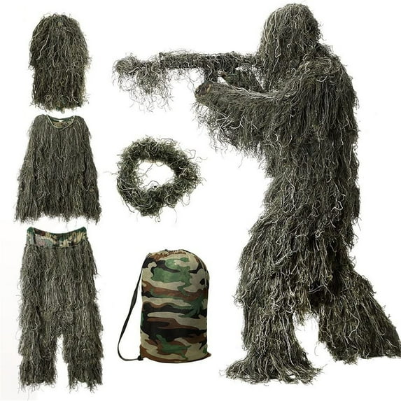 TOUMENY 5 in 1 Ghillie Suit, 3D Camouflage Hunting Apparel Jacket Pants Hood Carry Bag, Lightweight Portable Gear for Hunting Paintball Surveillance Photography