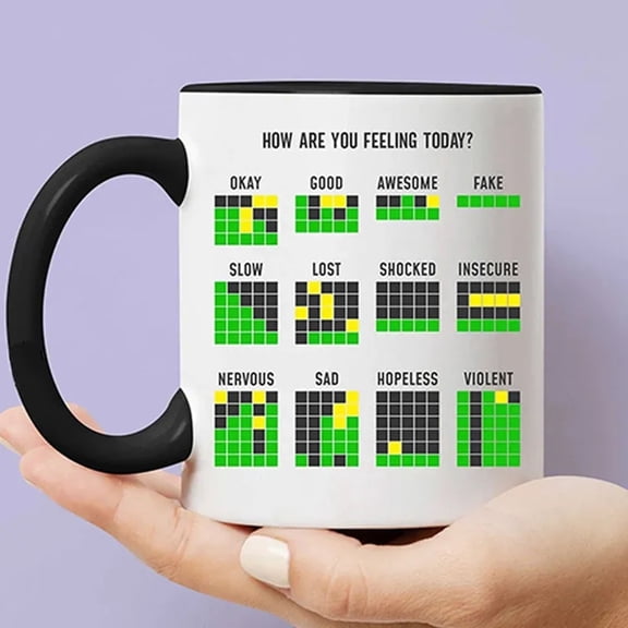 TOUMENY 8 Oz Ceramic Mug, Wordle Game Coffee Cup, Green Grids Mood Words Novelty Gift Mug for Office Library Kitchen