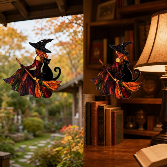 TOUMENY Acrylic Halloween Window Decoration, Witch Stained Glass Print Spooky Sun Catcher, Transparent Waterproof Scratch-Resistant Hanging Decor for Indoor Outdoor Windows, Gothic Home Party