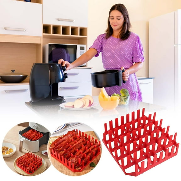 TOUMENY Air Fryer Bacon Rack, Microwave Oven Tray for Crispy Bacon Cooking, Non-Stick Silicone Baking Mat with Grease Drainage