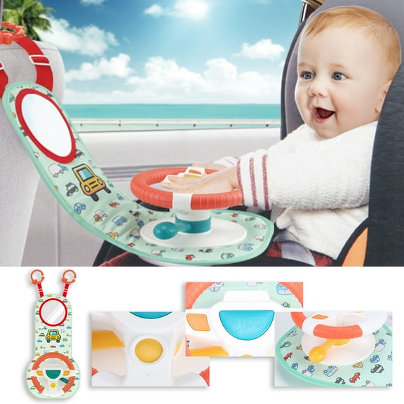 TOUMENY Car Steering Wheel, Attachable Car Seat with Lights Sounds Horn Gear Shift, Puzzle Activity Center for Rear Seat Travel, Educational Driving Simulator