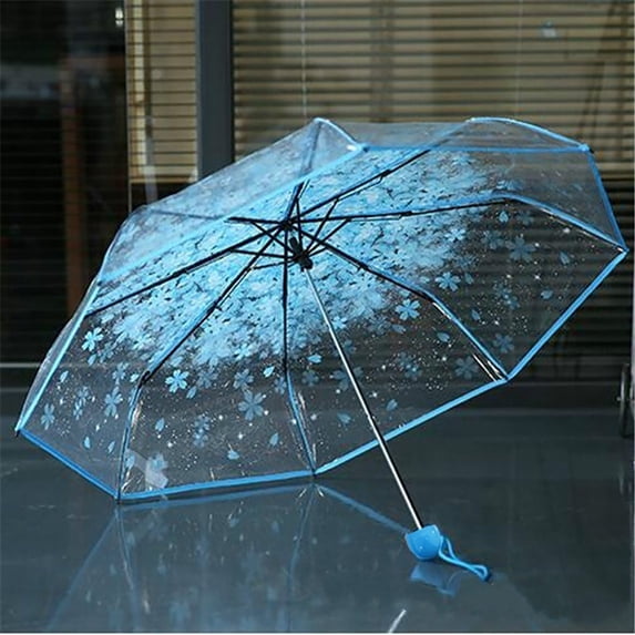 TOUMENY Clear 3-Fold Umbrella, Compact 25cm Portable Design, Blue UV & Rain Protection for Beach Shopping Outdoor