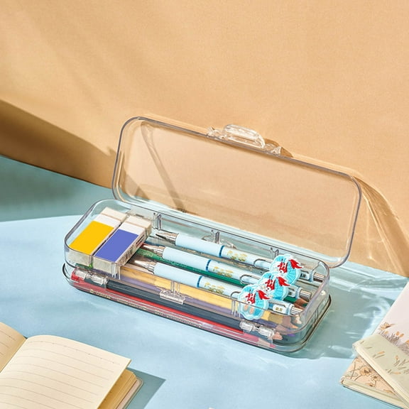 TOUMENY Double Pencil Box Clear Plastic, 2-Layer Stationery Organizer with 4 Removable Ruler Dividers, Multipurpose Utility Box for Pencils Erasers Clips, Transparent Supply Case for Office Desk