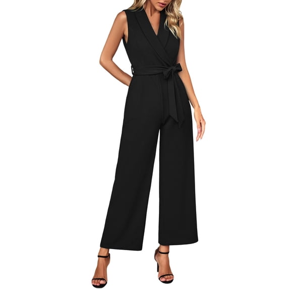 TOUMENY Fall Jumpsuits for Women Casual Wide Leg V Neck Sleeveless Rompers Stretchy Belted Ankle Length Solid Party Romper Black XL