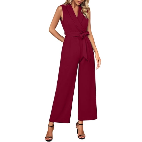 TOUMENY Fall Jumpsuits for Women Casual Wide Leg V Neck Sleeveless Rompers Stretchy Belted Ankle Length Solid Party Romper Red XXL
