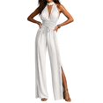 thumbnail image 1 of TOUMENY Fall Jumpsuits for Women Wide Leg High Waist Ruched Drawstring Jumpsuit V Neck Sleeveless Bohemian Loose Romper White XXL, 1 of 6