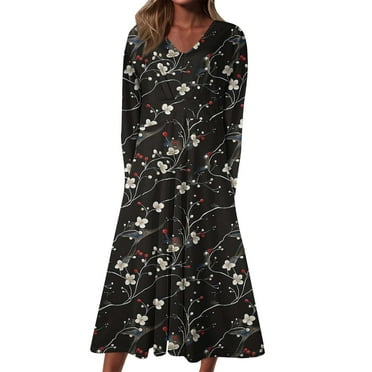 TOUMENY Fall Midi Dress Fall Dresses for Women 2024 Long sleeve V-neck Women's Short Sleeved Fashion Print High Waist Mid-Calf Dress
