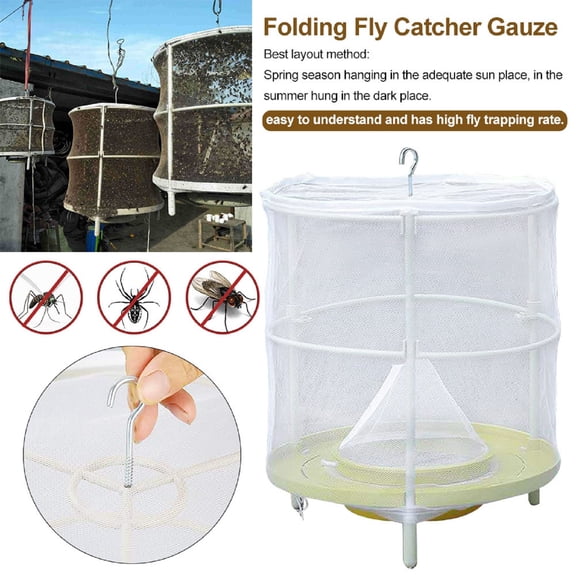 TOUMENY Fly Catcher Cage Net, Outdoor Fly Trap with Bait Storage Pot, Reusable Gauze Mesh Fly Catcher for Farm Restaurant Slaughterhouse