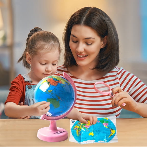 TOUMENY Globe, Educational World Globe for Learning, Light-Up Rotating Globe with Stand for Geography Teaching, Interactive Globe with Countries Oceans , Pink