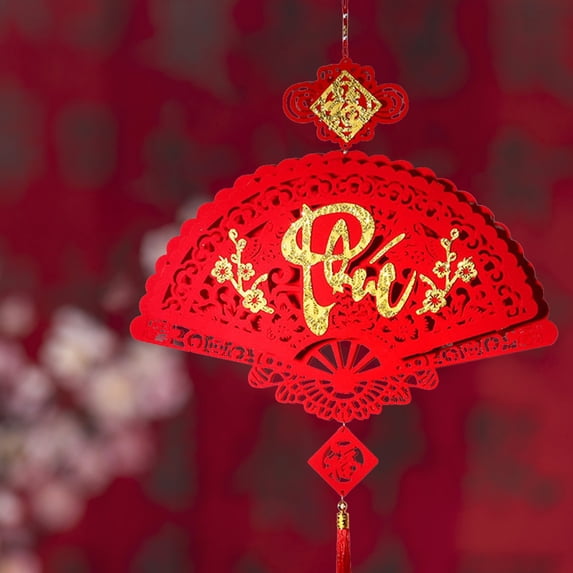 TOUMENY Lunar Year Paper Fan Decoration, Premium Flocking Fabric Red Fan with Tassels, 2024 Vietnamese Tet Festival Home Door Hanging Ornament for Spring Festival