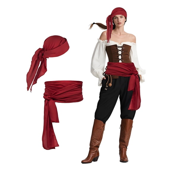 TOUMENY Medieval Pirate Accessory Set, Authentic Linen Bandana Waist Sash for Renaissance Fair Costume, Natural Breathable Head Scarf Waist Wrap for Halloween Pirate Outfit