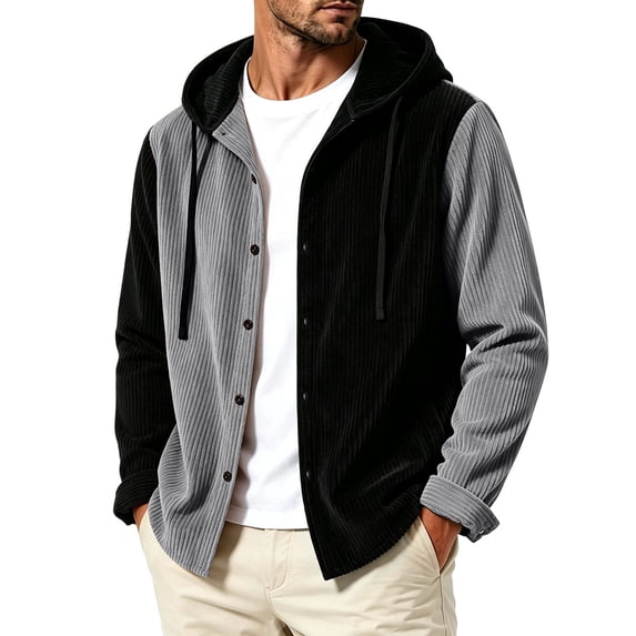 TOUMENY Men Corduroy Hooded Cardigan Vintage Button Down Long Sleeve Drawstring Coat Fall Winter Loose Casual Oversized Jacket Gray S