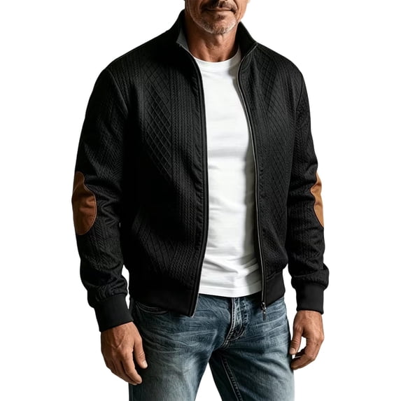 TOUMENY Men Fall Winter Jacket Solid Stand Collar Zip Up Lightweight Casual Cardigan Coat Vintage Slim Fit Long Sleeve Outdoor Travel Jacket Black M