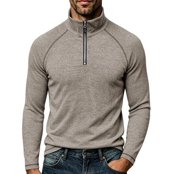 TOUMENY Men Half Zip Sweater Long Sleeve Slim Casual Knit Pullover Stand Collar Solid Raglan Fall Winter Workout Tops Khaki XL