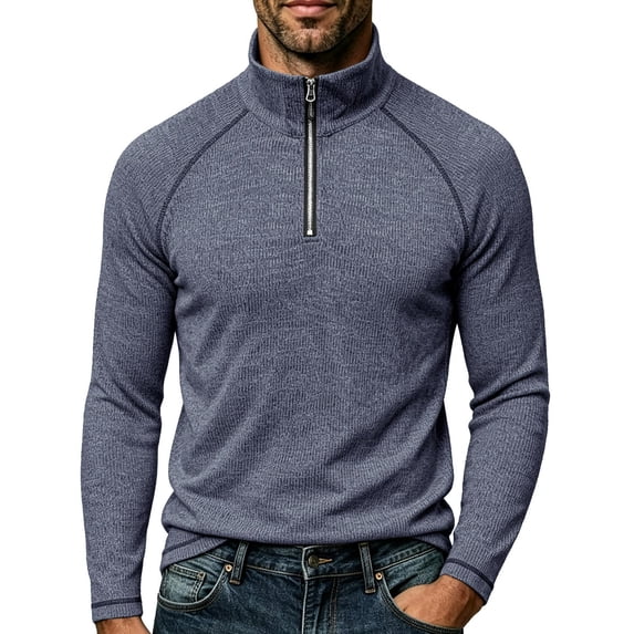 TOUMENY Men Half Zip Sweater Long Sleeve Slim Casual Knit Pullover Stand Collar Solid Raglan Fall Winter Workout Tops Navy XXXL