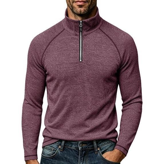 TOUMENY Men Half Zip Sweater Long Sleeve Slim Casual Knit Pullover Stand Collar Solid Raglan Fall Winter Workout Tops Wine XXXL