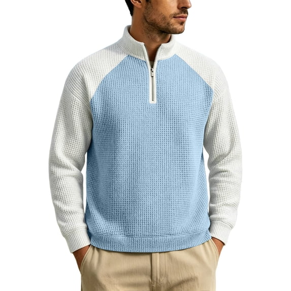 TOUMENY Men Half Zip Sweater Stand Collar Long Sleeve Color Block Casual Loose Pullover Fall Winter Fashion Knit Tops Light Blue M