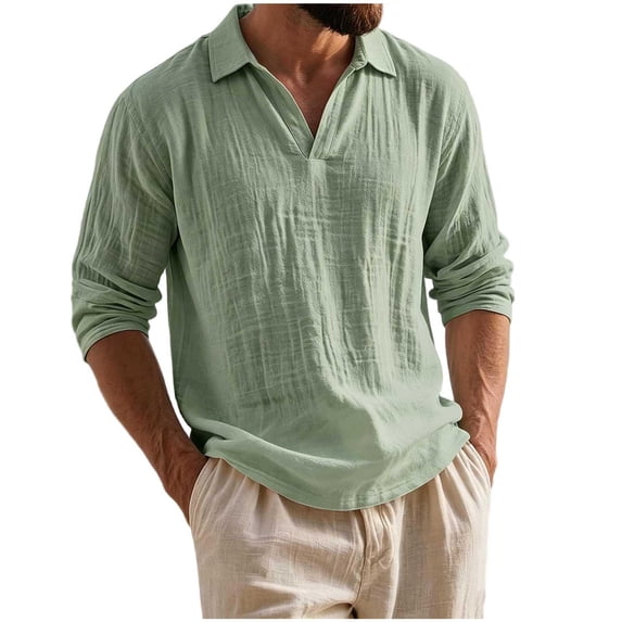TOUMENY Men Linen Shirts Casual Long Sleeve Lightweight Breathable Shirt Solid Button Down Loose Fit Vacation Beach Summer Fall Tops Green XL