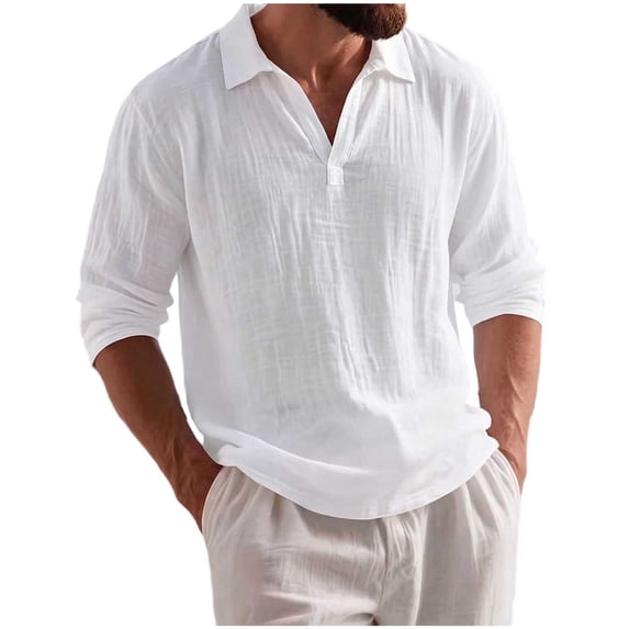 TOUMENY Men Linen Shirts Casual Long Sleeve Lightweight Breathable Shirt Solid Button Down Loose Fit Vacation Beach Summer Fall Tops White L