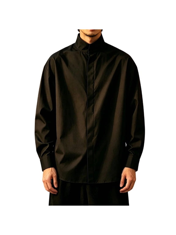 Men Shirt Concealed Placket Oversized Casual Button Down Long Sleeve Shirts Solid Stand Collar Loose Relaxed Streetwear Tops Black M