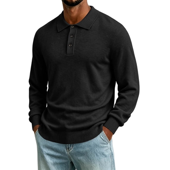 TOUMENY Men Sweater Casual Button Down Collared Long Sleeve Slim Fit Knitted Pullover Fall Winter Warm Solid Color Fashion Tops Black L