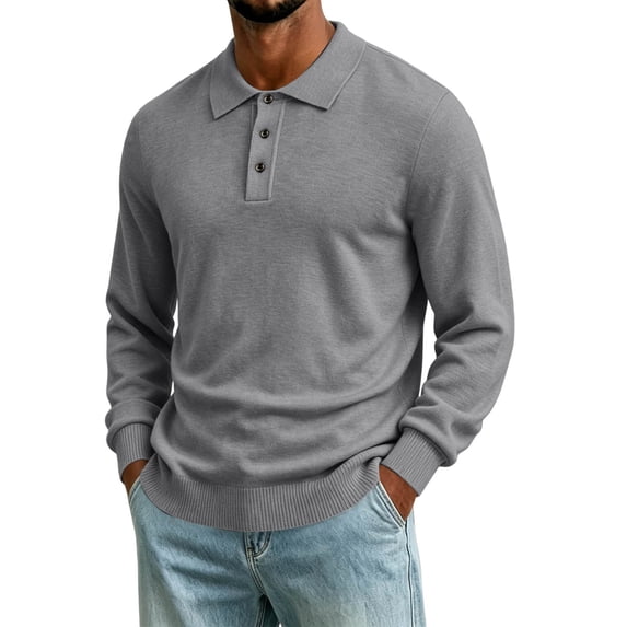 TOUMENY Men Sweater Casual Button Down Collared Long Sleeve Slim Fit Knitted Pullover Fall Winter Warm Solid Color Fashion Tops Dark Gray XL
