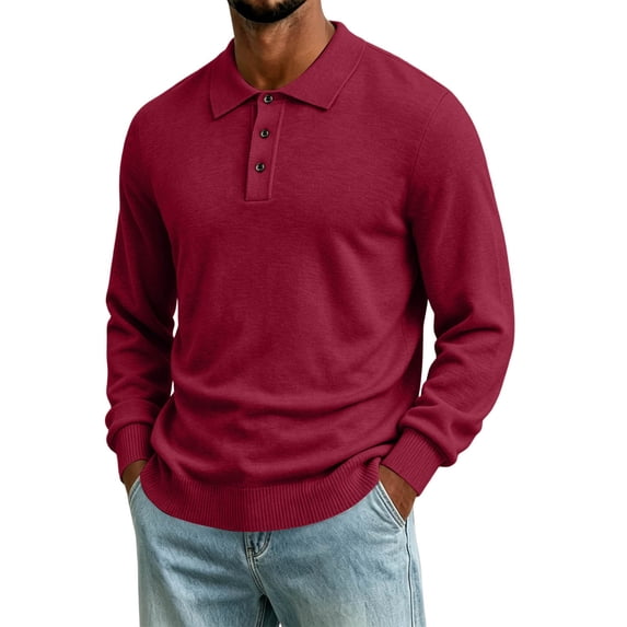 TOUMENY Men Sweater Casual Button Down Collared Long Sleeve Slim Fit Knitted Pullover Fall Winter Warm Solid Color Fashion Tops Wine XL