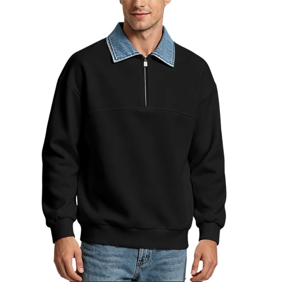 TOUMENY Men Sweater Fall Winter Collared Long Sleeve Solid Casual Comfy Tops Men Color Block Loose Half-Zip Pullover Black L