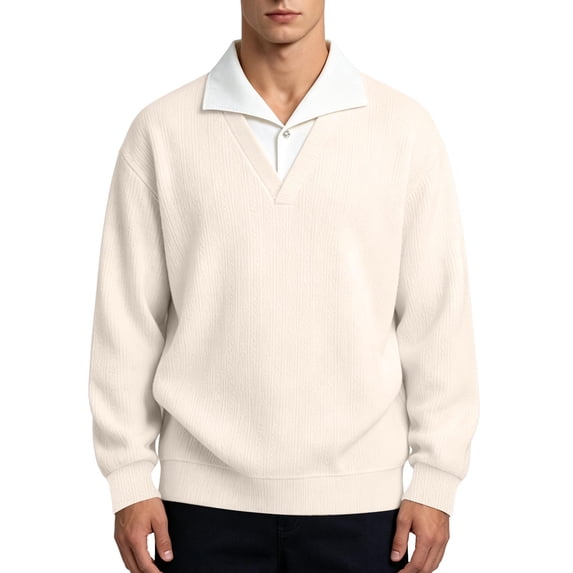 TOUMENY Men Sweater Ribbed Collared Long Sleeve Solid Casual Basic Oversized V Neck Tops Fall Winter Faux Two-Piece Layered Pullover Beige XXXL