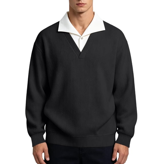 TOUMENY Men Sweater Ribbed Collared Long Sleeve Solid Casual Basic Oversized V Neck Tops Fall Winter Faux Two-Piece Layered Pullover Black XL