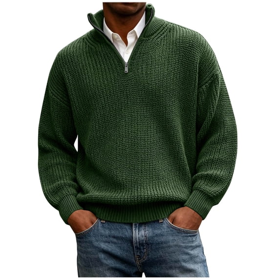 TOUMENY Men Sweater Stand Collar Long Sleeve Solid Casual Loose Warm Pullover Fall Winter Fashion Half Zip Knit Tops Army Green XXXL