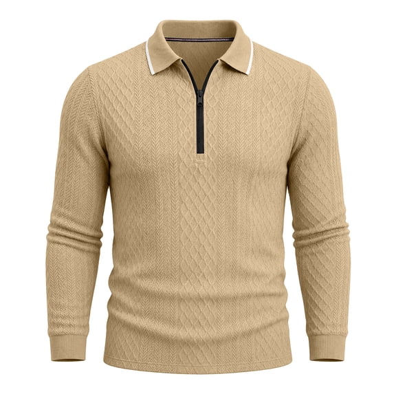 TOUMENY Men Sweater Zip Collared Long Sleeve Basic Slim Tops Fall Winter Solid Casual Knit Pullover Khaki M