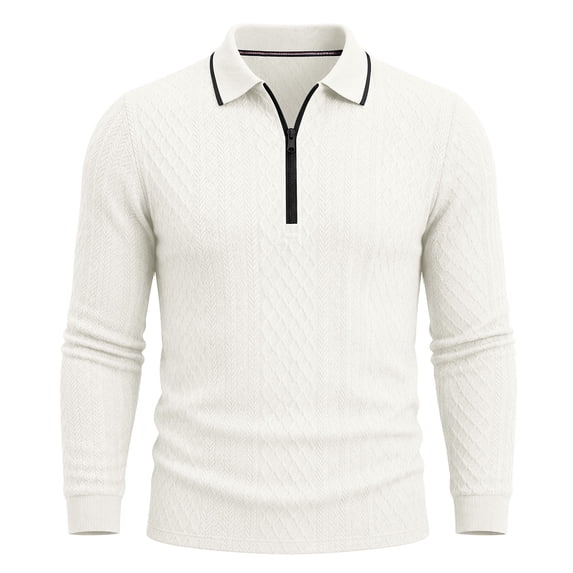 TOUMENY Men Sweater Zip Collared Long Sleeve Basic Slim Tops Fall Winter Solid Casual Knit Pullover White XXL