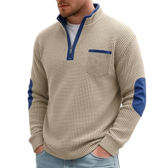 TOUMENY Men Sweater Zip Mock Neck Long Sleeve Casual Pullover Fall Winter Loose Solid Knit Tops Khaki XL